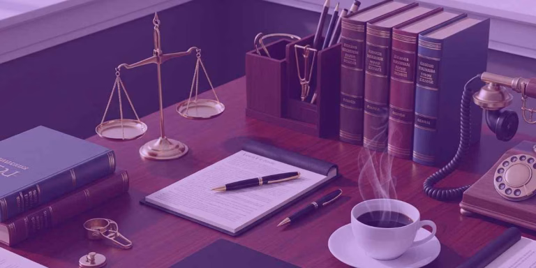 Mesa de um escritório com itens para trabalhar em um caso