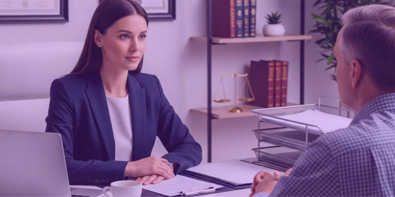 A imagem retrata um encontro formal em um escritório, onde uma advogada está conversando com um cliente. A cena transmite seriedade e profissionalismo, com documentos e um laptop sobre a mesa, sugerindo uma consulta jurídica. No fundo, diplomas emoldurados reforçam a credibilidade da profissional. Esta imagem pode estar relacionada à "Gratuidade de justiça e art. 98 do CPC", que assegura o benefício da justiça gratuita àqueles que comprovarem insuficiência de recursos para arcar com as custas processuais, abrangendo taxas, despesas com provas e honorários periciais, permitindo o acesso à justiça sem comprometer a subsistência da parte.