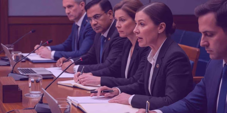 A imagem retrata uma sessão de CPI, com parlamentares sentados lado a lado em uma mesa de audiências. Uma das integrantes fala de forma enfática, enquanto os demais acompanham com atenção. Todos estão vestidos formalmente, com documentos, laptops e microfones à frente, em um ambiente sério e institucional, típico de investigações legislativas.