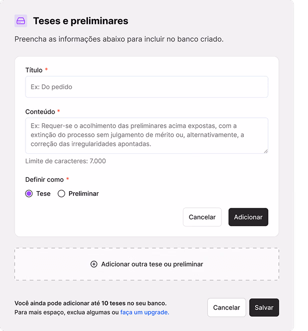 Formulário de cadastro de tese na Jurídico AI, com título, conteúdo e a escolha entre tese e preliminar