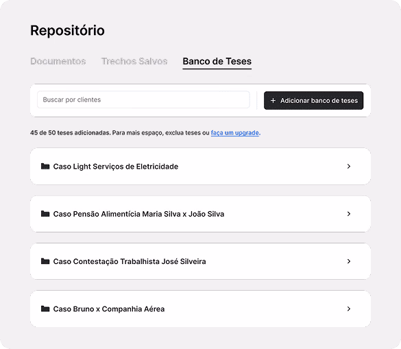 Tela do Repositório da Jurídico AI, na aba Banco de Teses, com os bancos salvos por caso