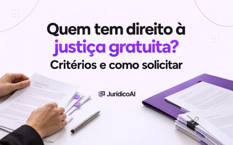 Mãos analisando documentos e pasta roxa ilustram os critérios e o pedido de justiça gratuita.